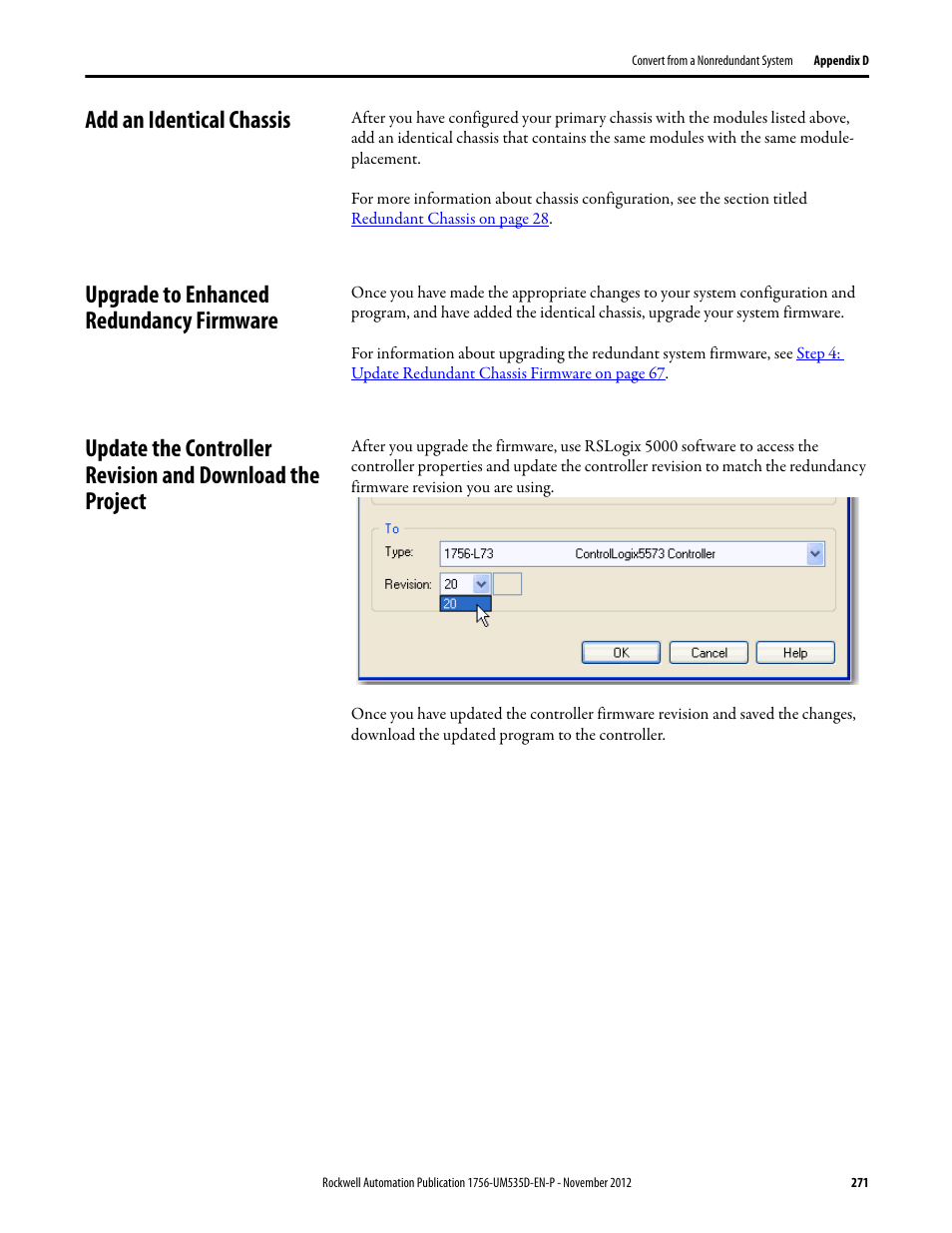 Add an identical chassis, Upgrade to enhanced redundancy firmware | Rockwell Automation 1756-RMxx ControlLogix Enhanced Redundancy System User Manual User Manual | Page 271 / 296