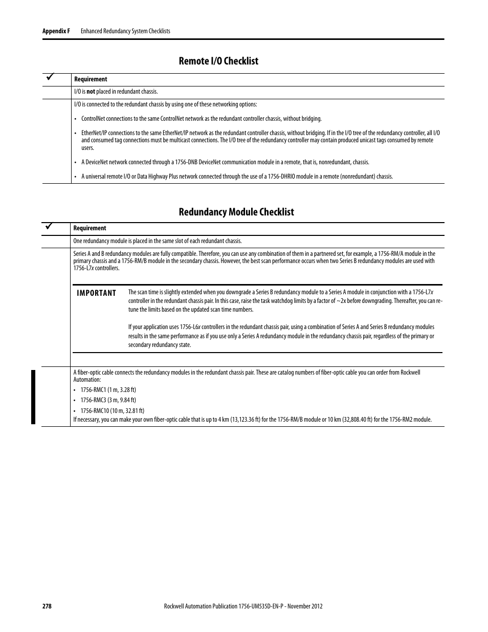 Remote i/o checklist, Redundancy module checklist, Remote i/o checklist redundancy module checklist | Rockwell Automation 1756-RMxx ControlLogix Enhanced Redundancy System User Manual User Manual | Page 278 / 296
