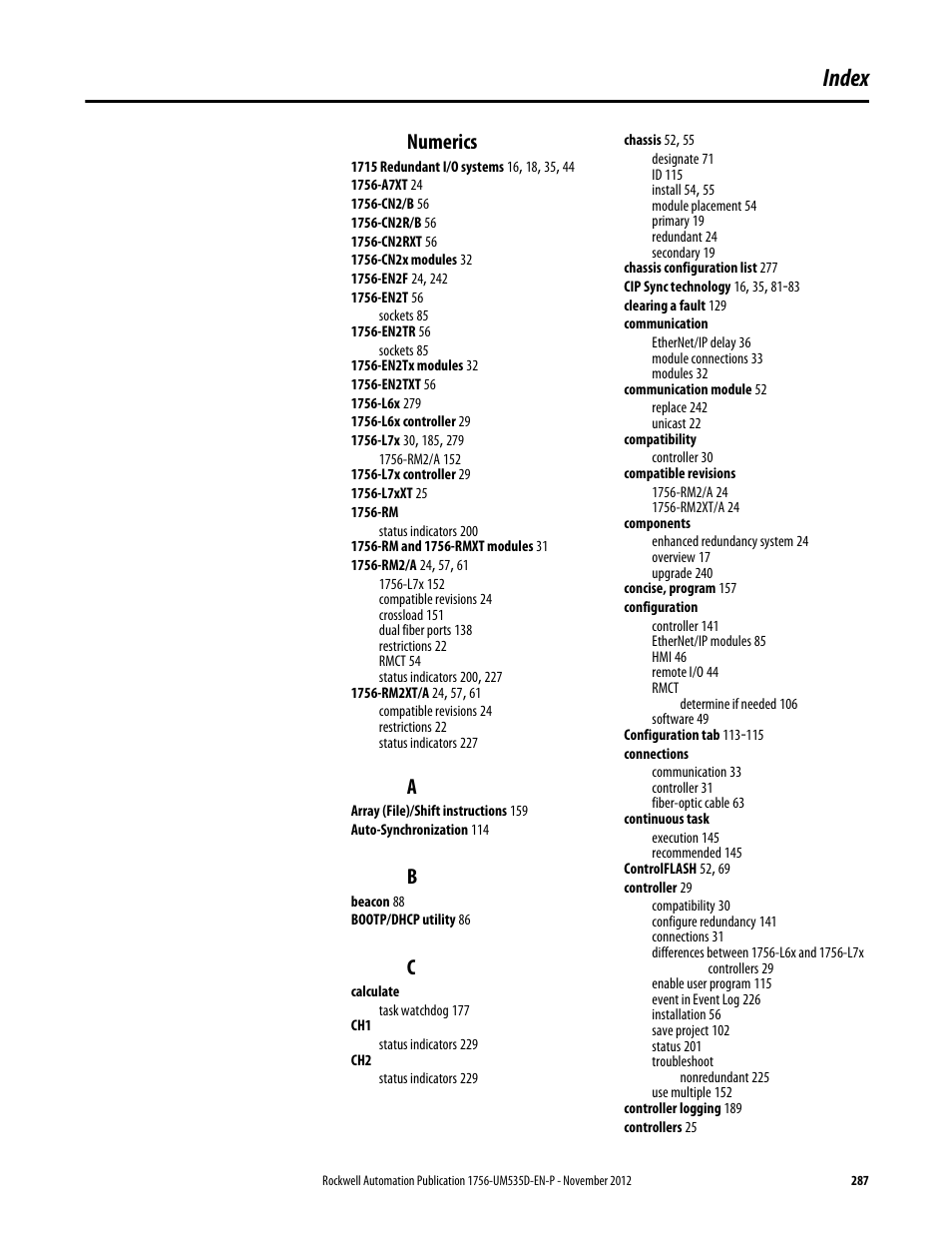 Index, Numerics | Rockwell Automation 1756-RMxx ControlLogix Enhanced Redundancy System User Manual User Manual | Page 287 / 296