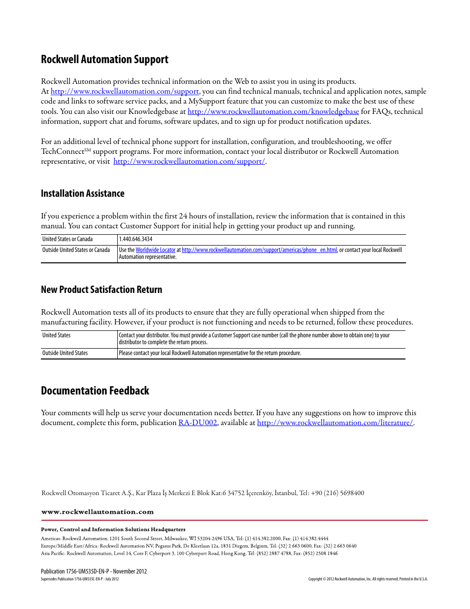 Back cover, Rockwell automation support, Documentation feedback | Installation assistance, New product satisfaction return | Rockwell Automation 1756-RMxx ControlLogix Enhanced Redundancy System User Manual User Manual | Page 296 / 296