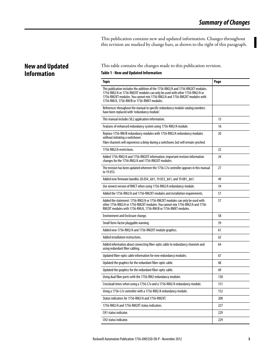 Summary of changes, New and updated information, Table 1 - new and updated information | Rockwell Automation 1756-RMxx ControlLogix Enhanced Redundancy System User Manual User Manual | Page 3 / 296