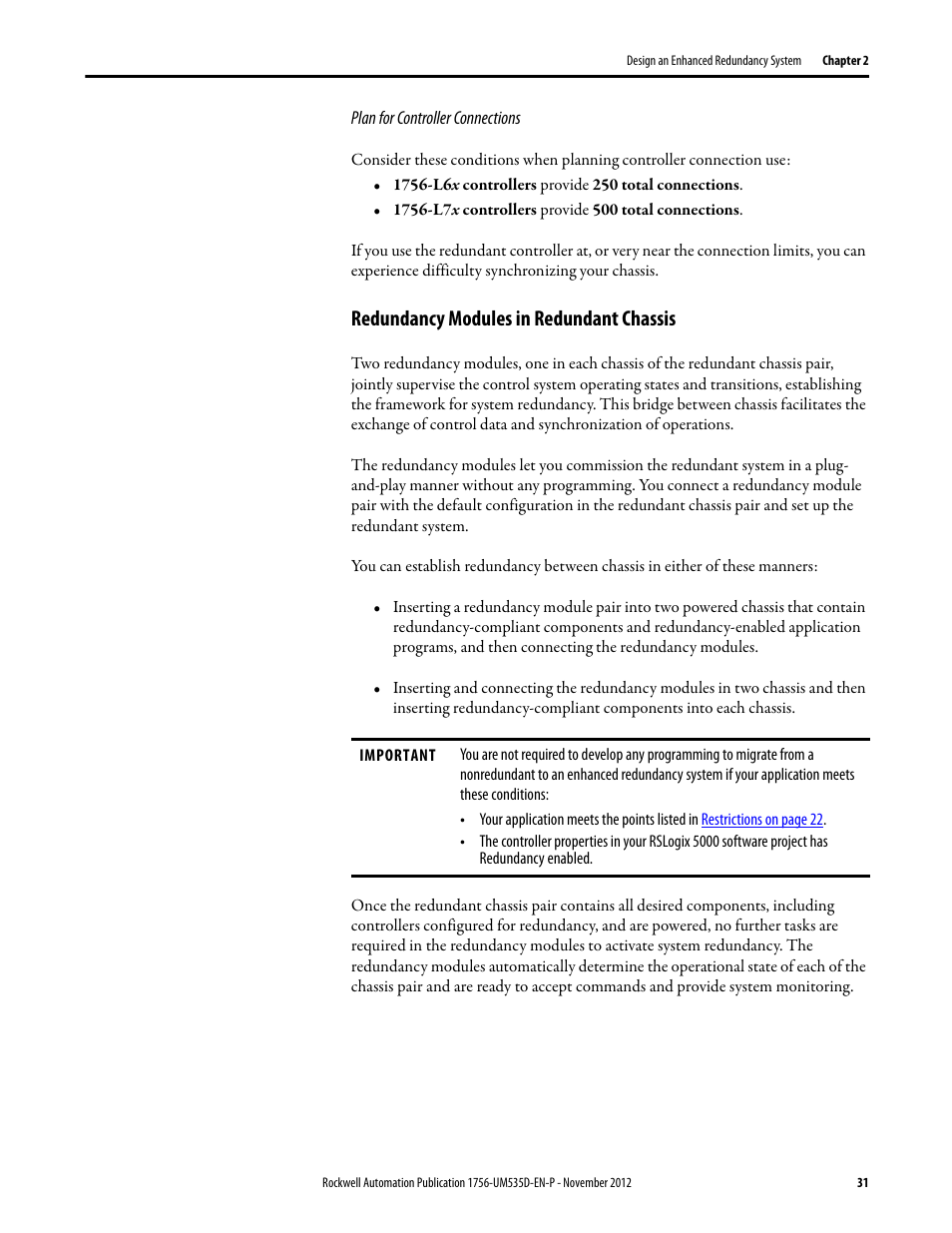 Plan for controller connections, Redundancy modules in redundant chassis | Rockwell Automation 1756-RMxx ControlLogix Enhanced Redundancy System User Manual User Manual | Page 31 / 296