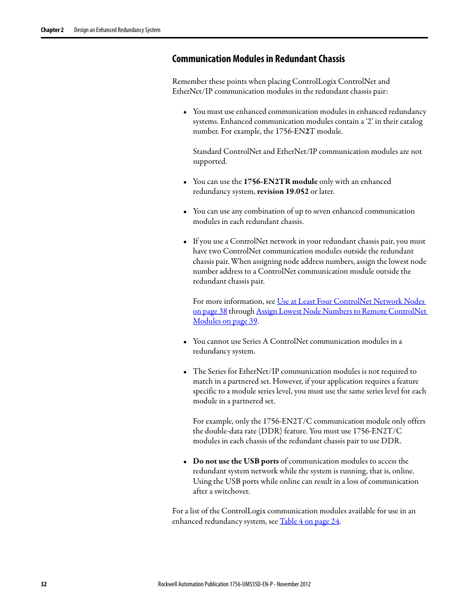 Communication modules in redundant chassis | Rockwell Automation 1756-RMxx ControlLogix Enhanced Redundancy System User Manual User Manual | Page 32 / 296