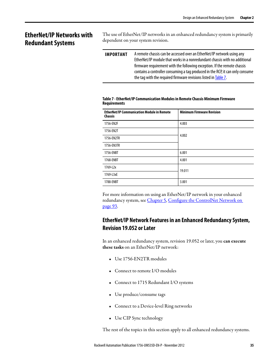 Ethernet/ip networks with redundant systems, Ethernet/ip network features in an enhanced | Rockwell Automation 1756-RMxx ControlLogix Enhanced Redundancy System User Manual User Manual | Page 35 / 296