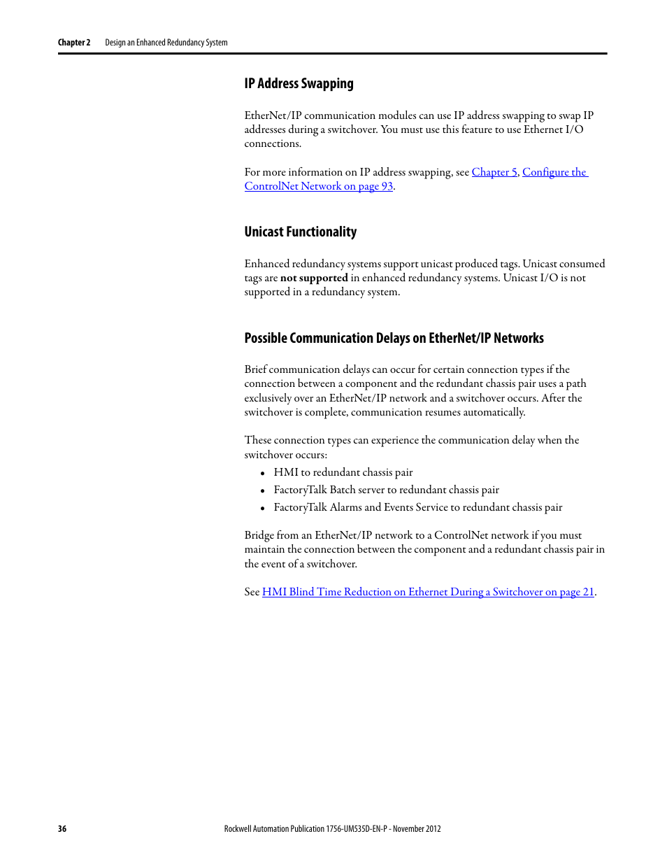 Ip address swapping, Unicast functionality | Rockwell Automation 1756-RMxx ControlLogix Enhanced Redundancy System User Manual User Manual | Page 36 / 296