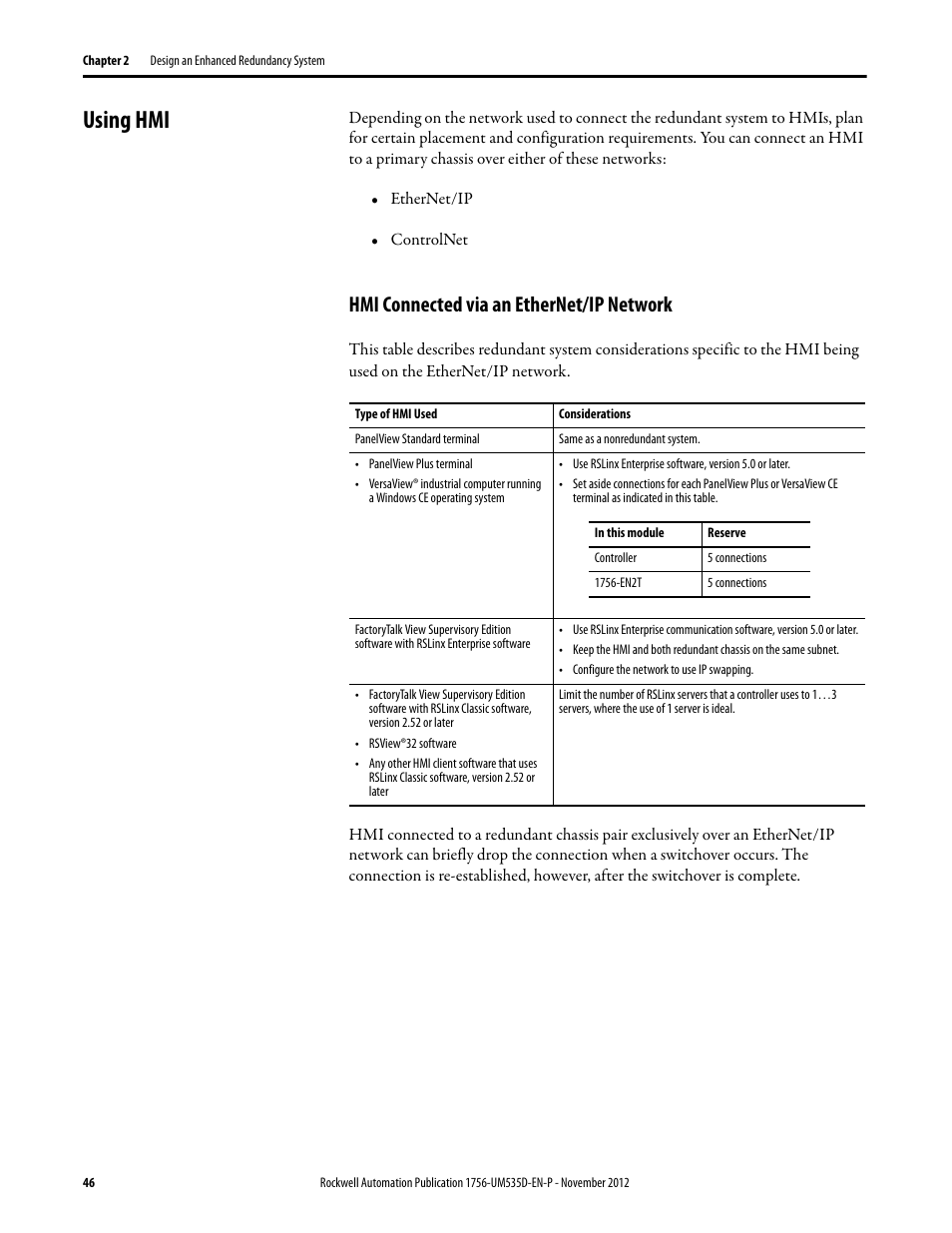 Using hmi, Hmi connected via an ethernet/ip network | Rockwell Automation 1756-RMxx ControlLogix Enhanced Redundancy System User Manual User Manual | Page 46 / 296