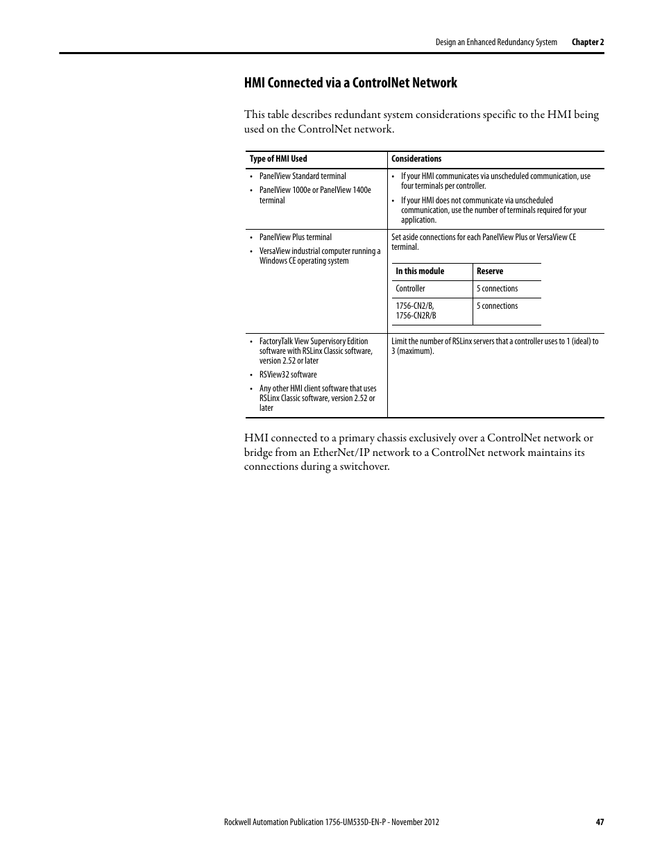 Hmi connected via a controlnet network | Rockwell Automation 1756-RMxx ControlLogix Enhanced Redundancy System User Manual User Manual | Page 47 / 296