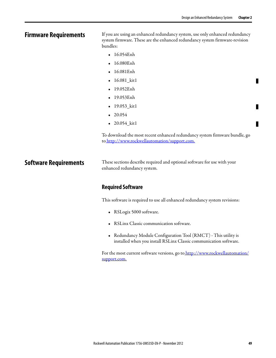 Firmware requirements, Software requirements, Required software | Rockwell Automation 1756-RMxx ControlLogix Enhanced Redundancy System User Manual User Manual | Page 49 / 296