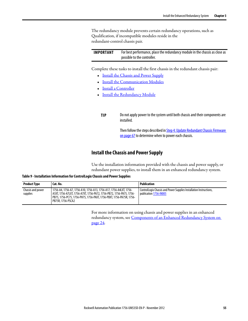 Install the chassis and power supply | Rockwell Automation 1756-RMxx ControlLogix Enhanced Redundancy System User Manual User Manual | Page 55 / 296