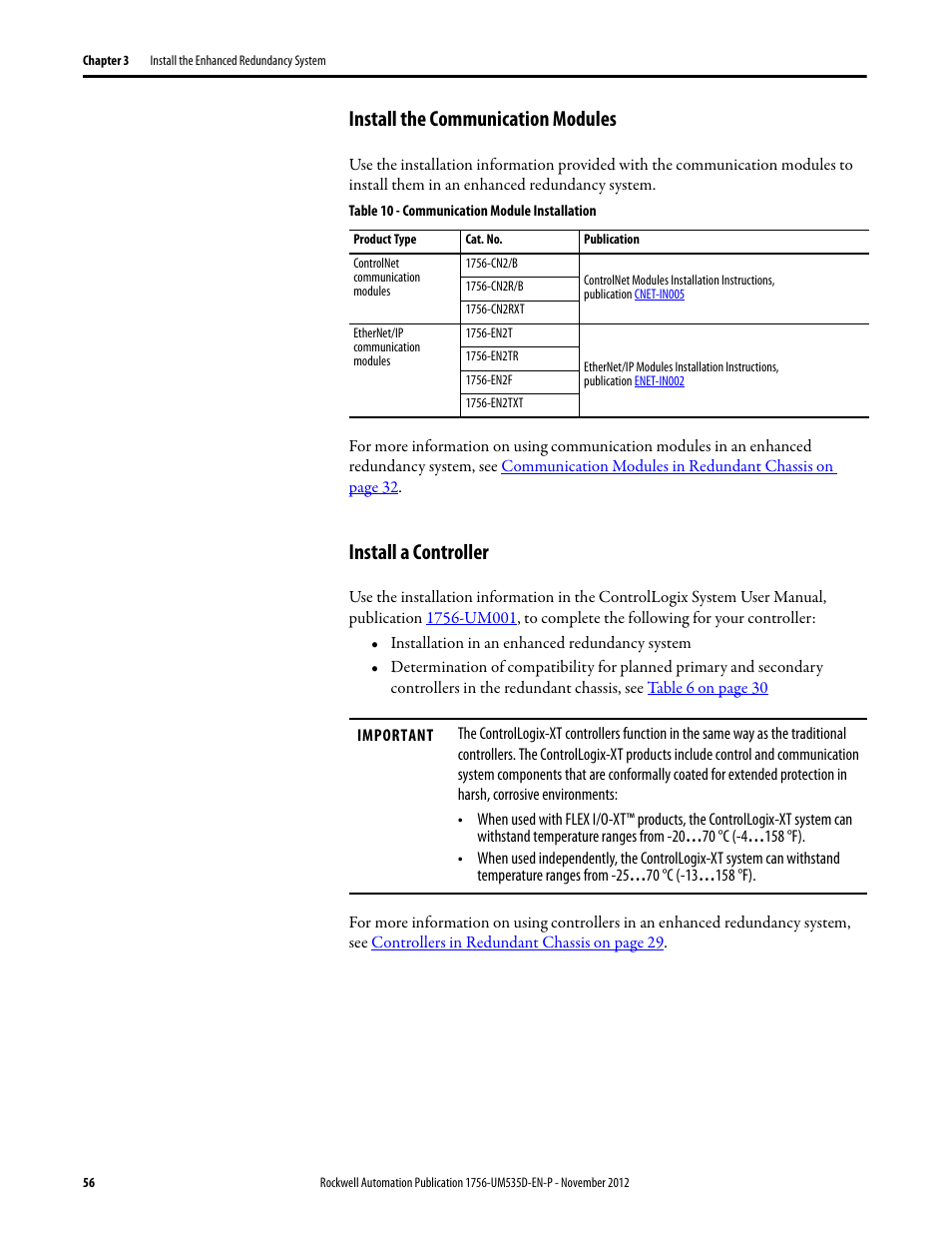 Install the communication modules, Table 10 - communication module installation, Install a controller | Rockwell Automation 1756-RMxx ControlLogix Enhanced Redundancy System User Manual User Manual | Page 56 / 296