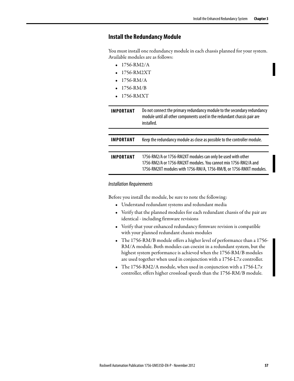 Install the redundancy module, Installation requirements | Rockwell Automation 1756-RMxx ControlLogix Enhanced Redundancy System User Manual User Manual | Page 57 / 296