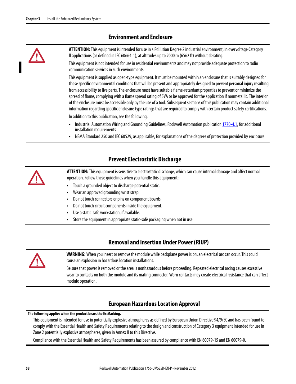 Environment and enclosure, Prevent electrostatic discharge, Removal and insertion under power (riup) | European hazardous location approval | Rockwell Automation 1756-RMxx ControlLogix Enhanced Redundancy System User Manual User Manual | Page 58 / 296