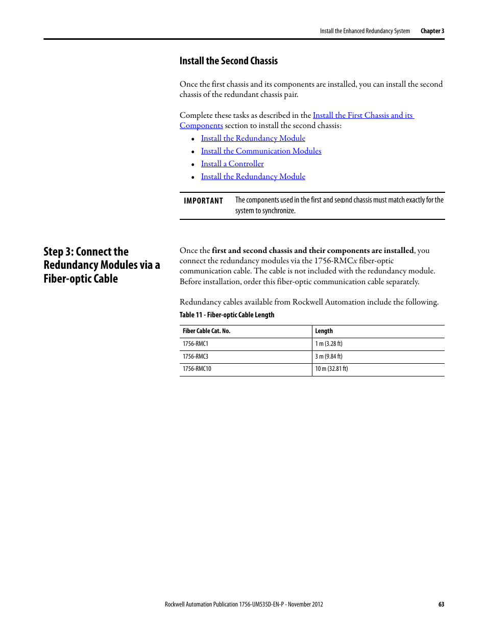 Install the second chassis, Table 11 - fiber-optic cable length, Step 3: connect the redundancy modules | Rockwell Automation 1756-RMxx ControlLogix Enhanced Redundancy System User Manual User Manual | Page 63 / 296