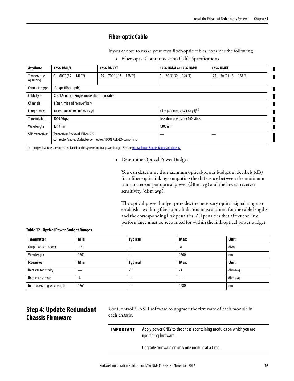 Fiber-optic cable, Table 12 - optical power budget ranges, Step 4: update redundant chassis firmware | Step 4: update redundant | Rockwell Automation 1756-RMxx ControlLogix Enhanced Redundancy System User Manual User Manual | Page 67 / 296