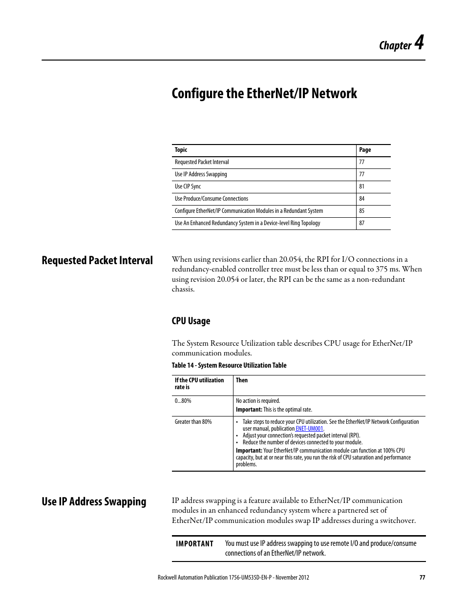Ch 4 - configure the enet network, Configure the ethernet/ip network, Requested packet interval | Cpu usage, Table 14 - system resource utilization table, Use ip address swapping, Chapter 4, Configure the, Chapter | Rockwell Automation 1756-RMxx ControlLogix Enhanced Redundancy System User Manual User Manual | Page 77 / 296