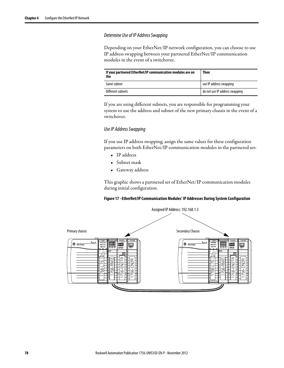 Determine use of ip address swapping, Use ip address swapping | Rockwell Automation 1756-RMxx ControlLogix Enhanced Redundancy System User Manual User Manual | Page 78 / 296