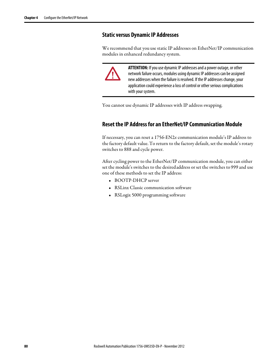 Static versus dynamic ip addresses | Rockwell Automation 1756-RMxx ControlLogix Enhanced Redundancy System User Manual User Manual | Page 80 / 296