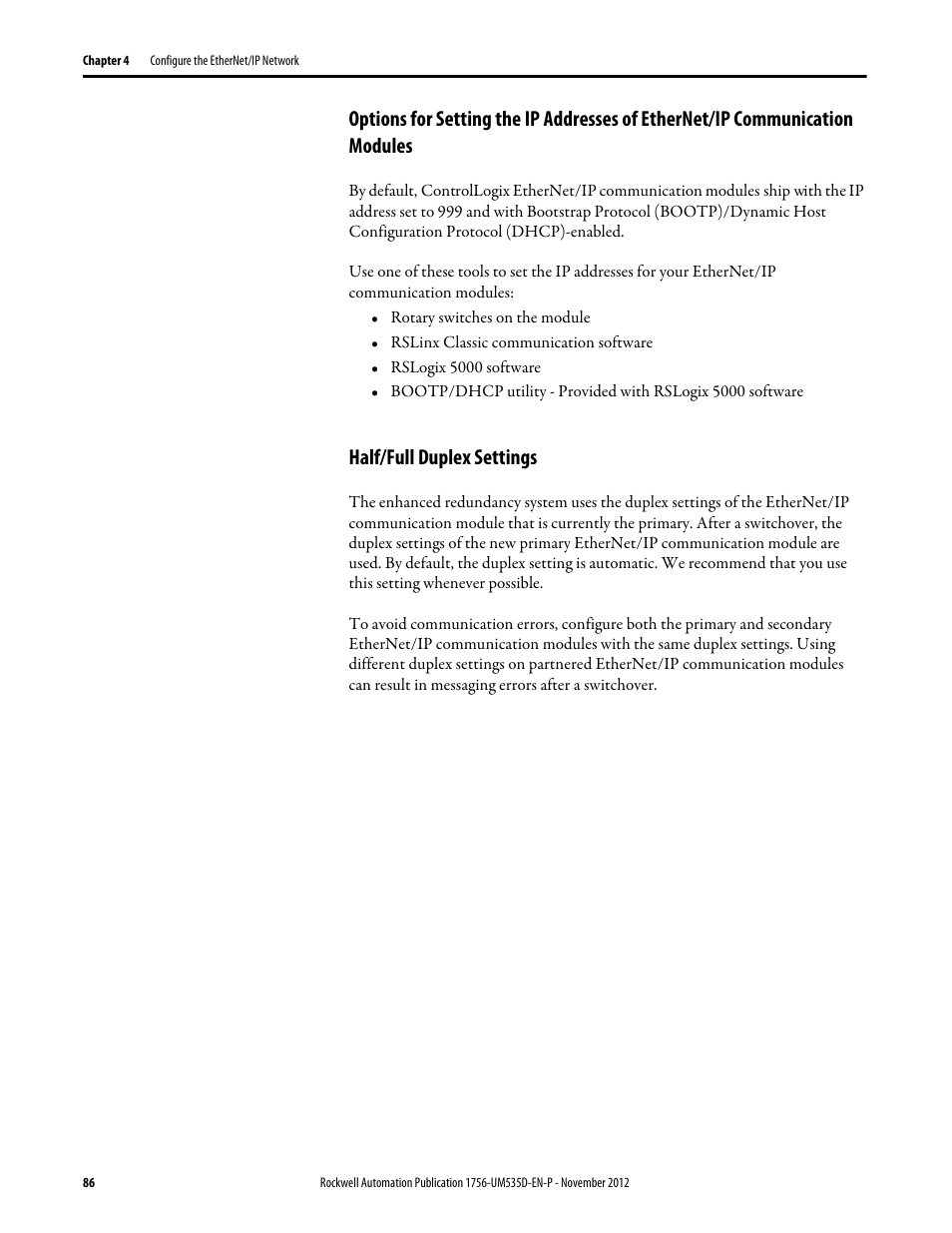 Half/full duplex settings | Rockwell Automation 1756-RMxx ControlLogix Enhanced Redundancy System User Manual User Manual | Page 86 / 296