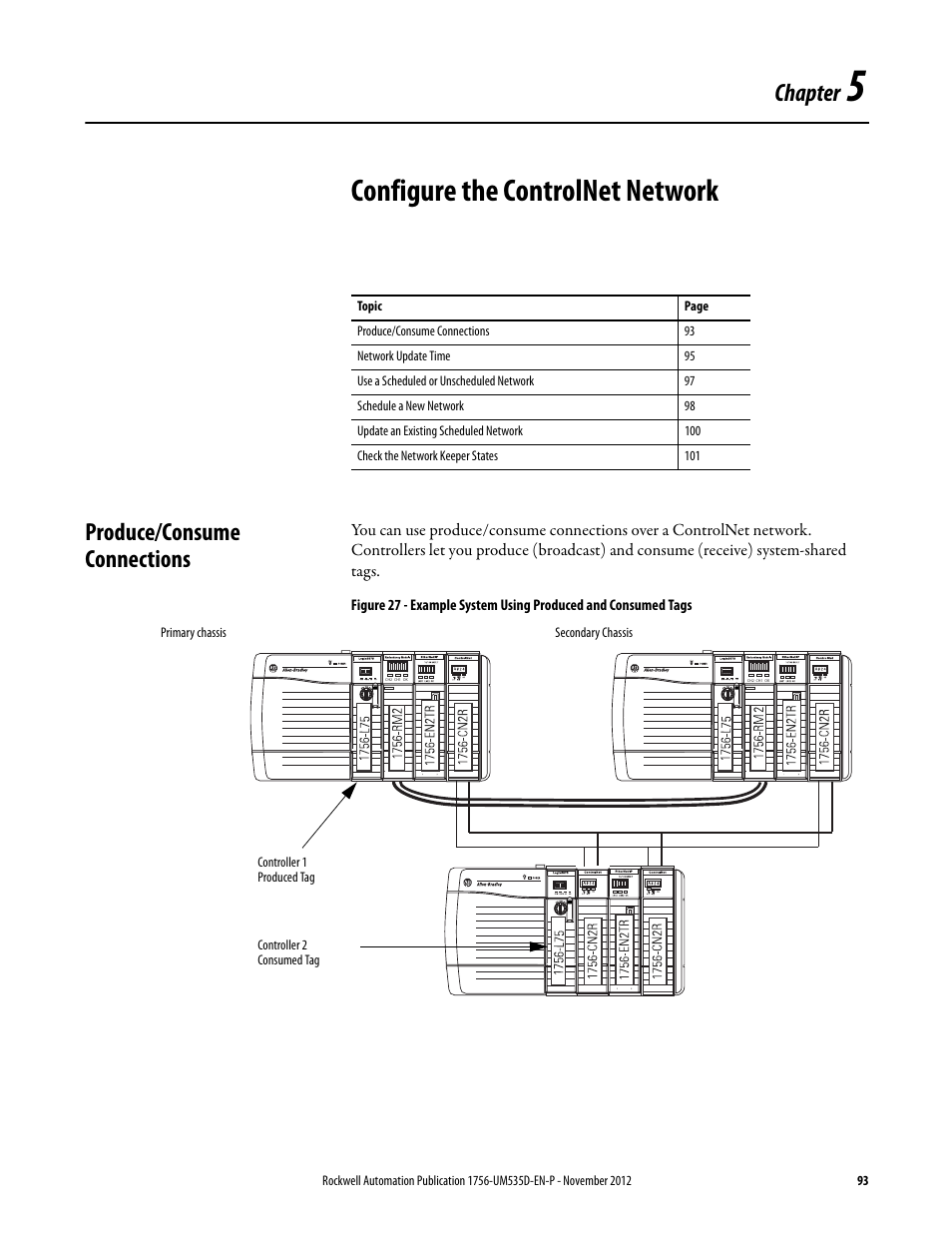 Ch 5 - configure the cnet network, Configure the controlnet network, Produce/consume connections | Chapter 5, Configure the controlnet network on, Configure the, Chapter | Rockwell Automation 1756-RMxx ControlLogix Enhanced Redundancy System User Manual User Manual | Page 93 / 296