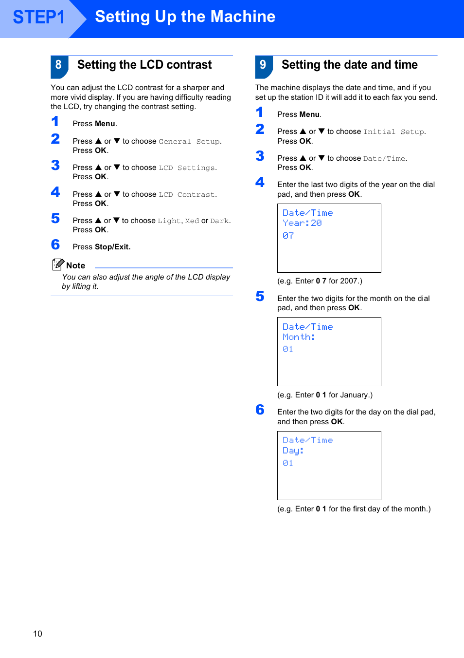 8 setting the lcd contrast, 9 setting the date and time, Setting the lcd contrast setting the date and time | Step1, Setting up the machine, 8setting the lcd contrast, 9setting the date and time | Brother MFC-660CN User Manual | Page 12 / 34