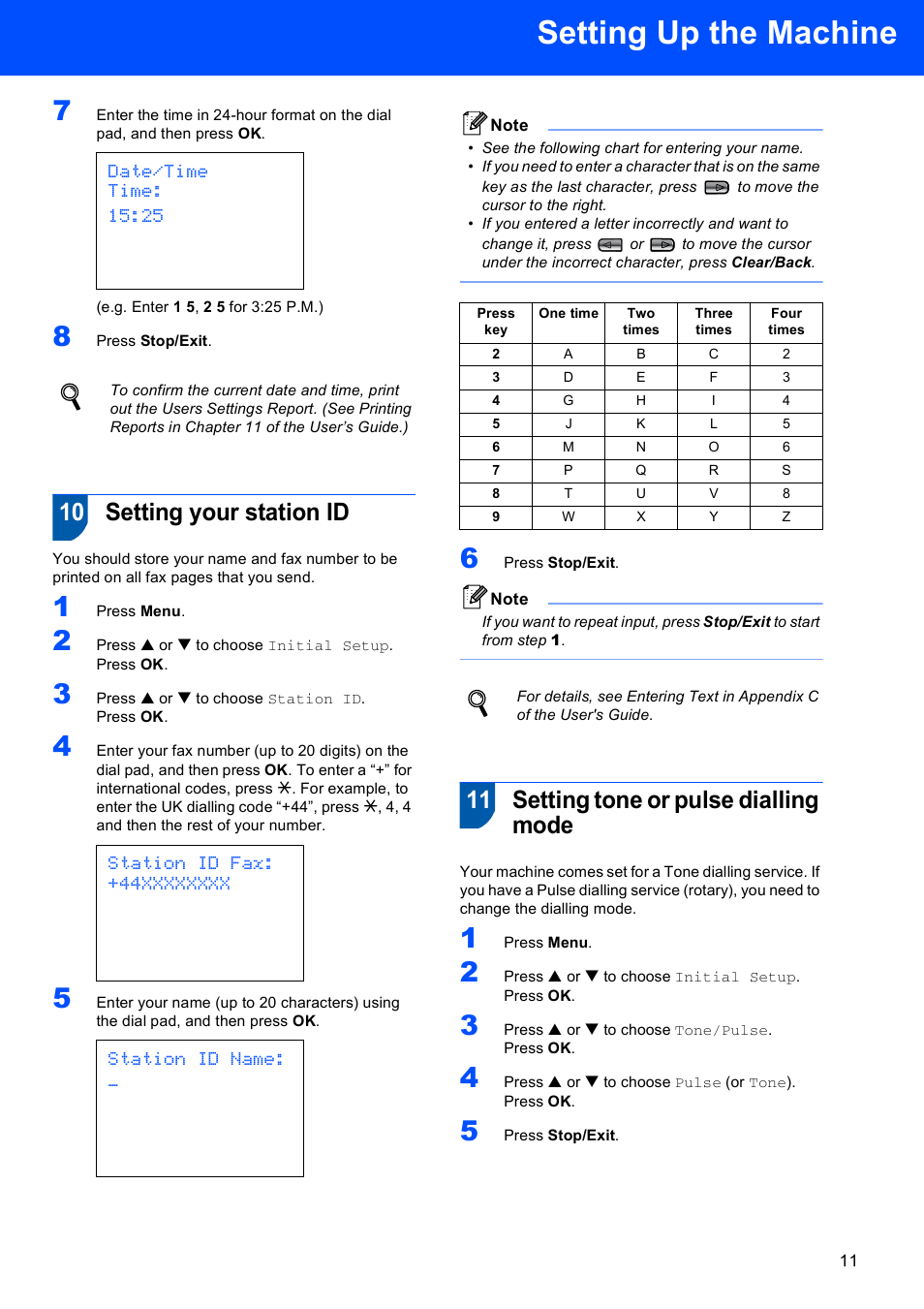 10 setting your station id, 11 setting tone or pulse dialling mode, Setting up the machine | Date/time time: 15:25, Station id name | Brother MFC-660CN User Manual | Page 13 / 34
