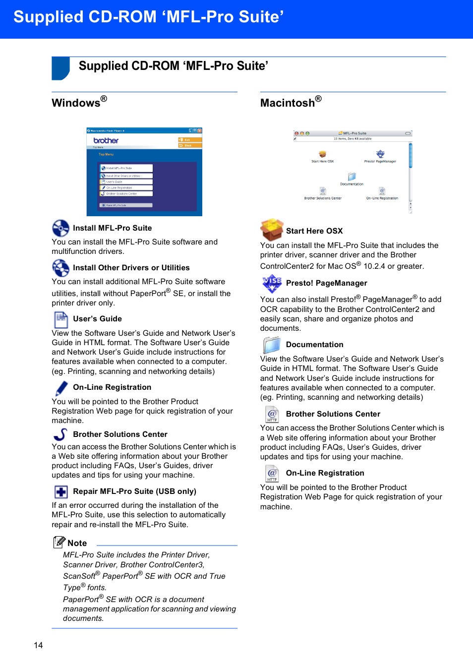 Step2:installing the driver & software, Supplied cd-rom ‘mfl-pro suite, Windows | Macintosh | Brother MFC-660CN User Manual | Page 16 / 34