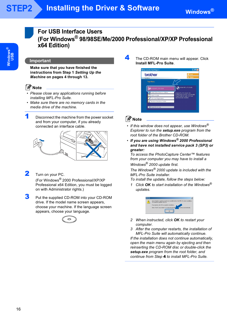 Windows, For usb interface users (for windows, For usb interface users | For windows, Step2, Installing the driver & software, Important | Brother MFC-660CN User Manual | Page 18 / 34