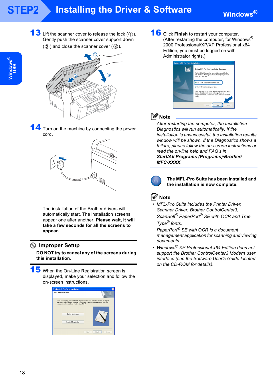 Step2, Installing the driver & software, Windows | Improper setup | Brother MFC-660CN User Manual | Page 20 / 34