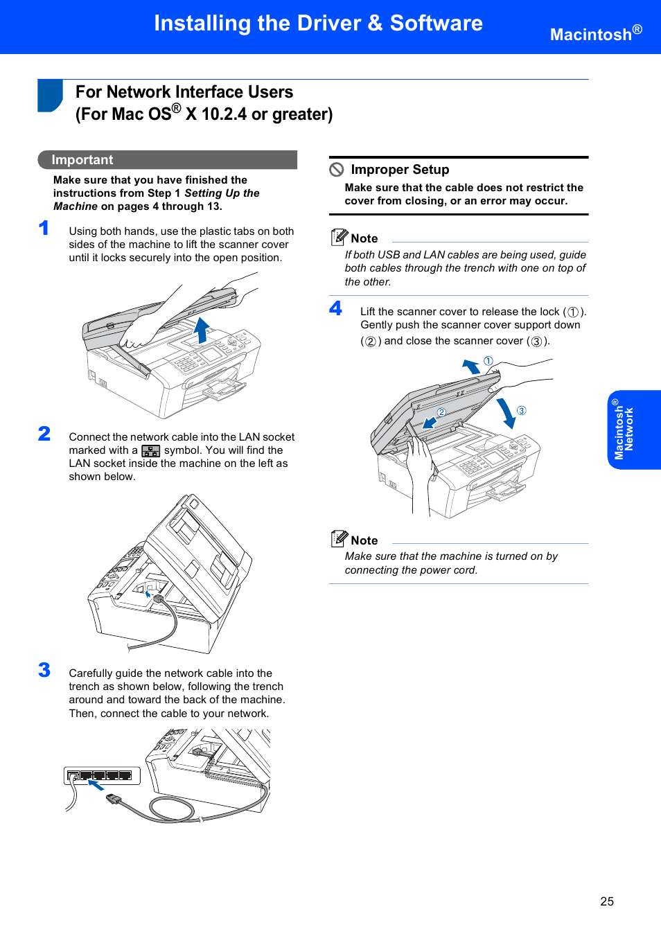For network interface users (for mac os, X 10.2.4 or greater), For network interface users | For mac os, Installing the driver & software, Macintosh, Important, Improper setup | Brother MFC-660CN User Manual | Page 27 / 34
