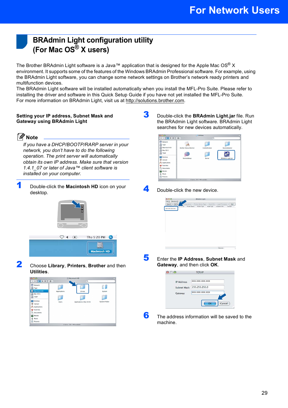 Bradmin light configuration utility (for mac os, X users), For network users | Brother MFC-660CN User Manual | Page 31 / 34