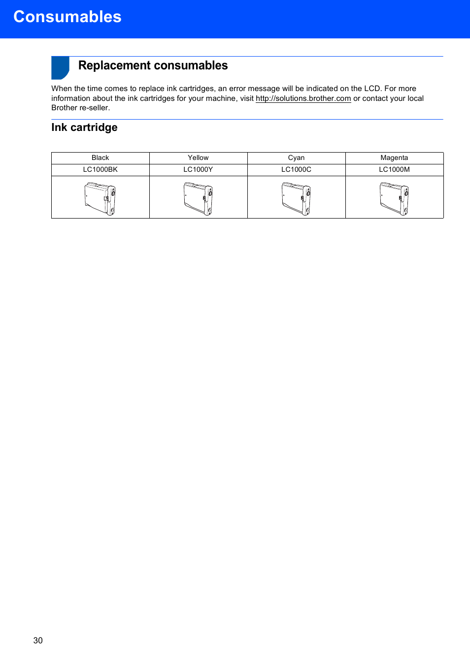 Consumables, Replacement consumables, Ink cartridge | Brother MFC-660CN User Manual | Page 32 / 34