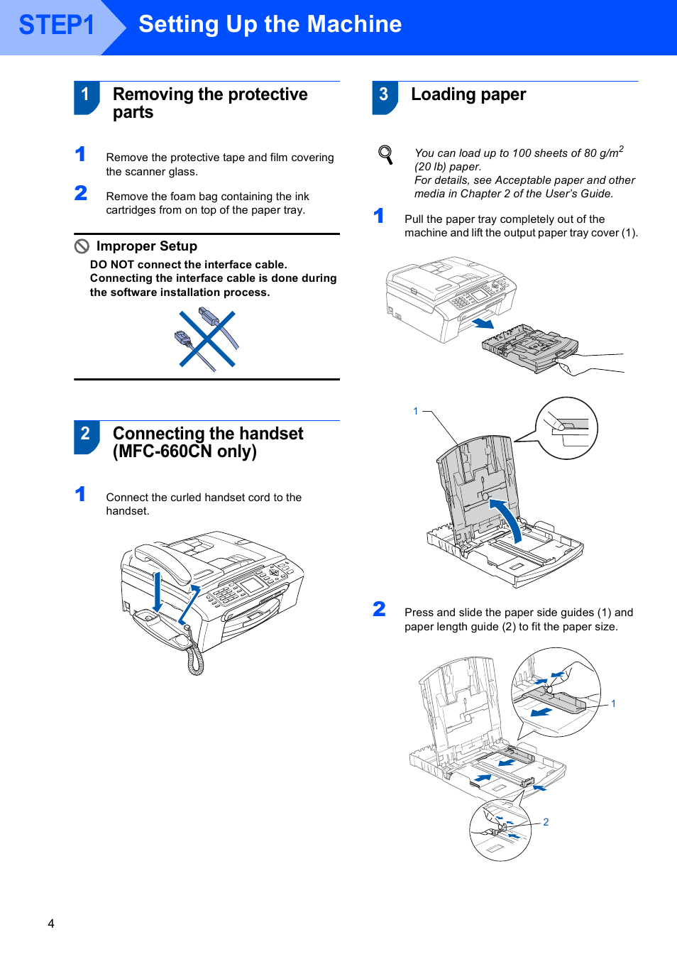 Step1:setting up the machine, 1 removing the protective parts, 2 connecting the handset (mfc-660cn only) | 3 loading paper, Step1, Setting up the machine, 1removing the protective parts, 2connecting the handset (mfc-660cn only), 3loading paper | Brother MFC-660CN User Manual | Page 6 / 34