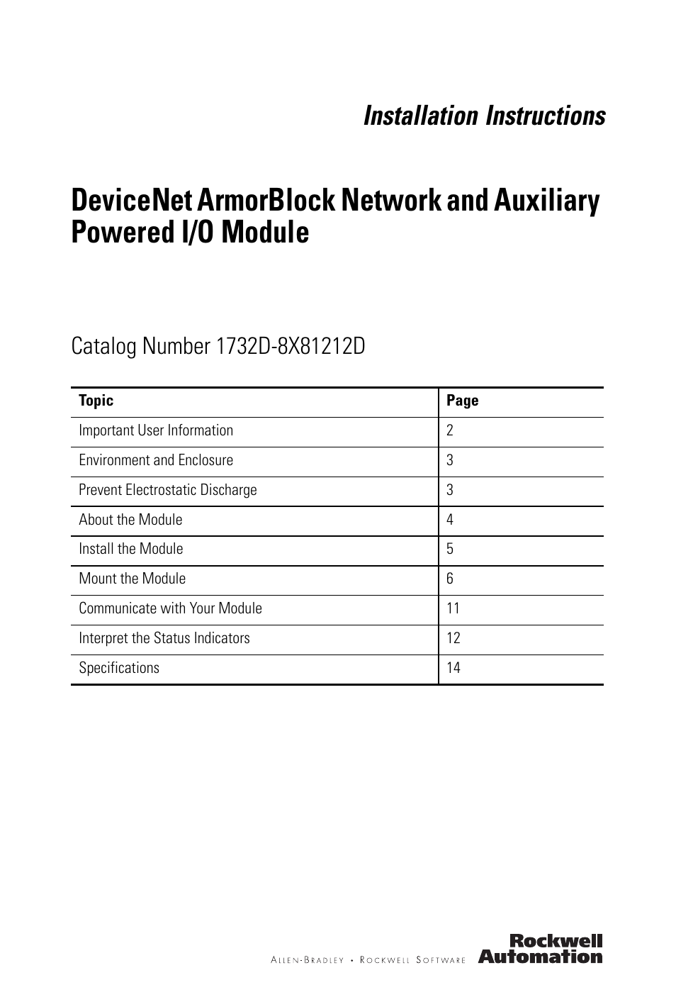 Rockwell Automation 1732D-8X81212D DNet ArmorBlock Network and Auxiliary Powered I/O Module IN User Manual | 20 pages