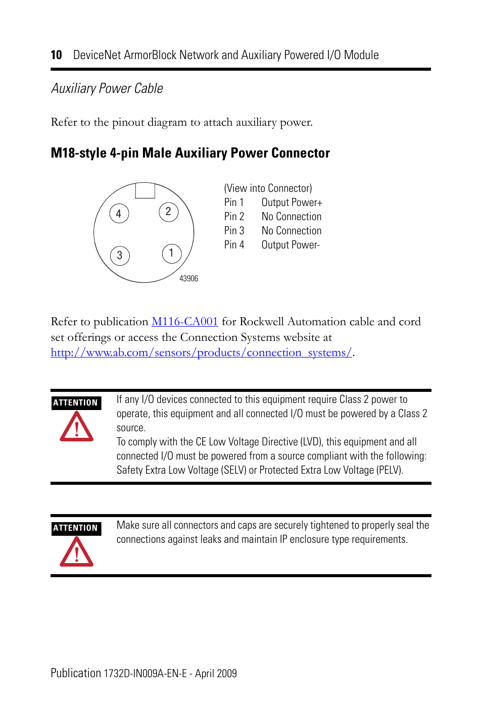 Auxiliary power cable, M18-style 4-pin male auxiliary power connector | Rockwell Automation 1732D-8X81212D DNet ArmorBlock Network and Auxiliary Powered I/O Module IN User Manual | Page 10 / 20