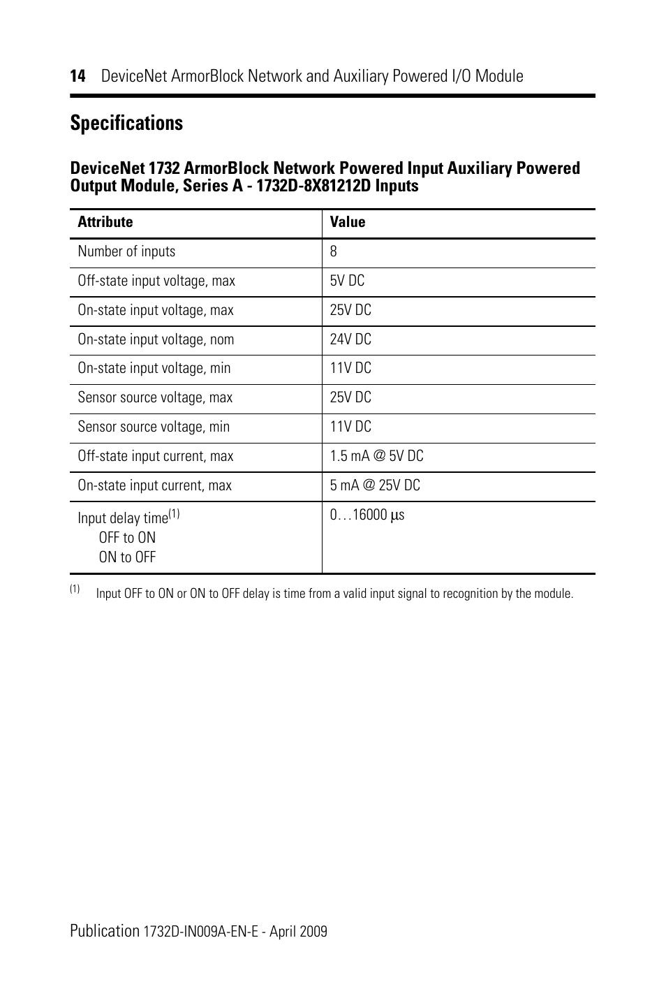 Specifications | Rockwell Automation 1732D-8X81212D DNet ArmorBlock Network and Auxiliary Powered I/O Module IN User Manual | Page 14 / 20