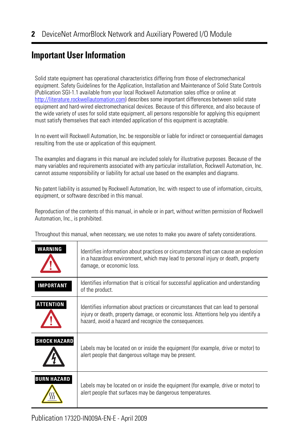 Important user information | Rockwell Automation 1732D-8X81212D DNet ArmorBlock Network and Auxiliary Powered I/O Module IN User Manual | Page 2 / 20