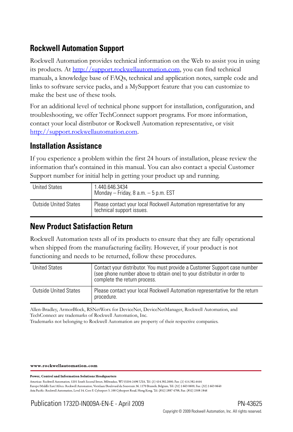 Back cover, Rockwell automation support, Installation assistance | New product satisfaction return, Publication | Rockwell Automation 1732D-8X81212D DNet ArmorBlock Network and Auxiliary Powered I/O Module IN User Manual | Page 20 / 20