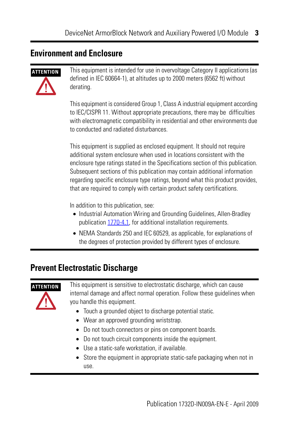 Environment and enclosure, Prevent electrostatic discharge | Rockwell Automation 1732D-8X81212D DNet ArmorBlock Network and Auxiliary Powered I/O Module IN User Manual | Page 3 / 20