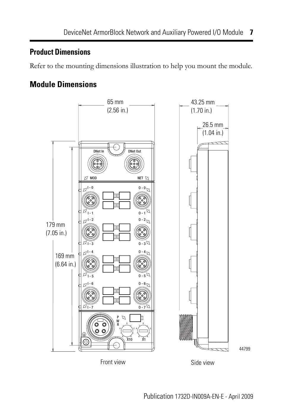 Product dimensions, Module dimensions | Rockwell Automation 1732D-8X81212D DNet ArmorBlock Network and Auxiliary Powered I/O Module IN User Manual | Page 7 / 20