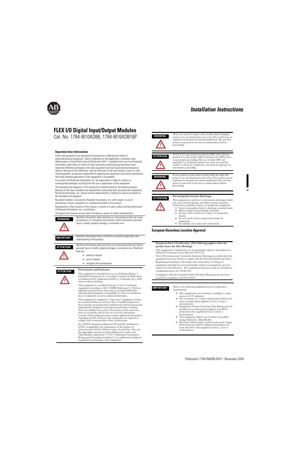 Rockwell Automation 1794-IB16XOB16P_IB10XOB6 Flex I/O Input/ Output Module Installation Instructions User Manual | 6 pages