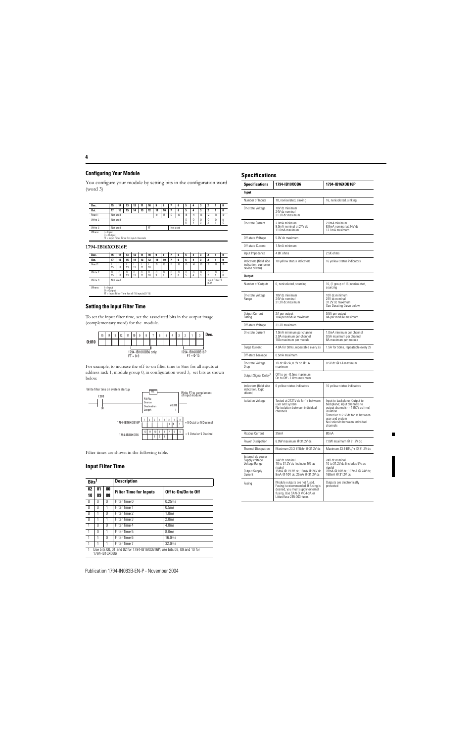 Configuring your module, Setting the input filter time, Input filter time specifications | Rockwell Automation 1794-IB16XOB16P_IB10XOB6 Flex I/O Input/ Output Module Installation Instructions User Manual | Page 4 / 6