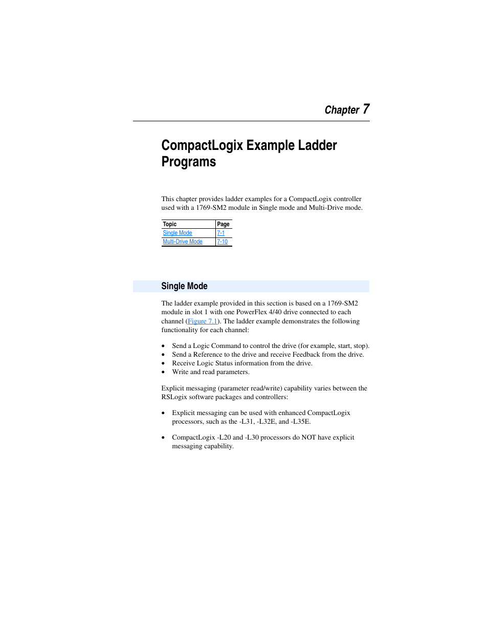 Chapter 7, Compactlogix example ladder programs, Single mode | Single mode -1, 7compactlogix example ladder programs | Rockwell Automation 1769-SM2 Compact I/O DSI/Modbus Communication Module User Manual | Page 103 / 204
