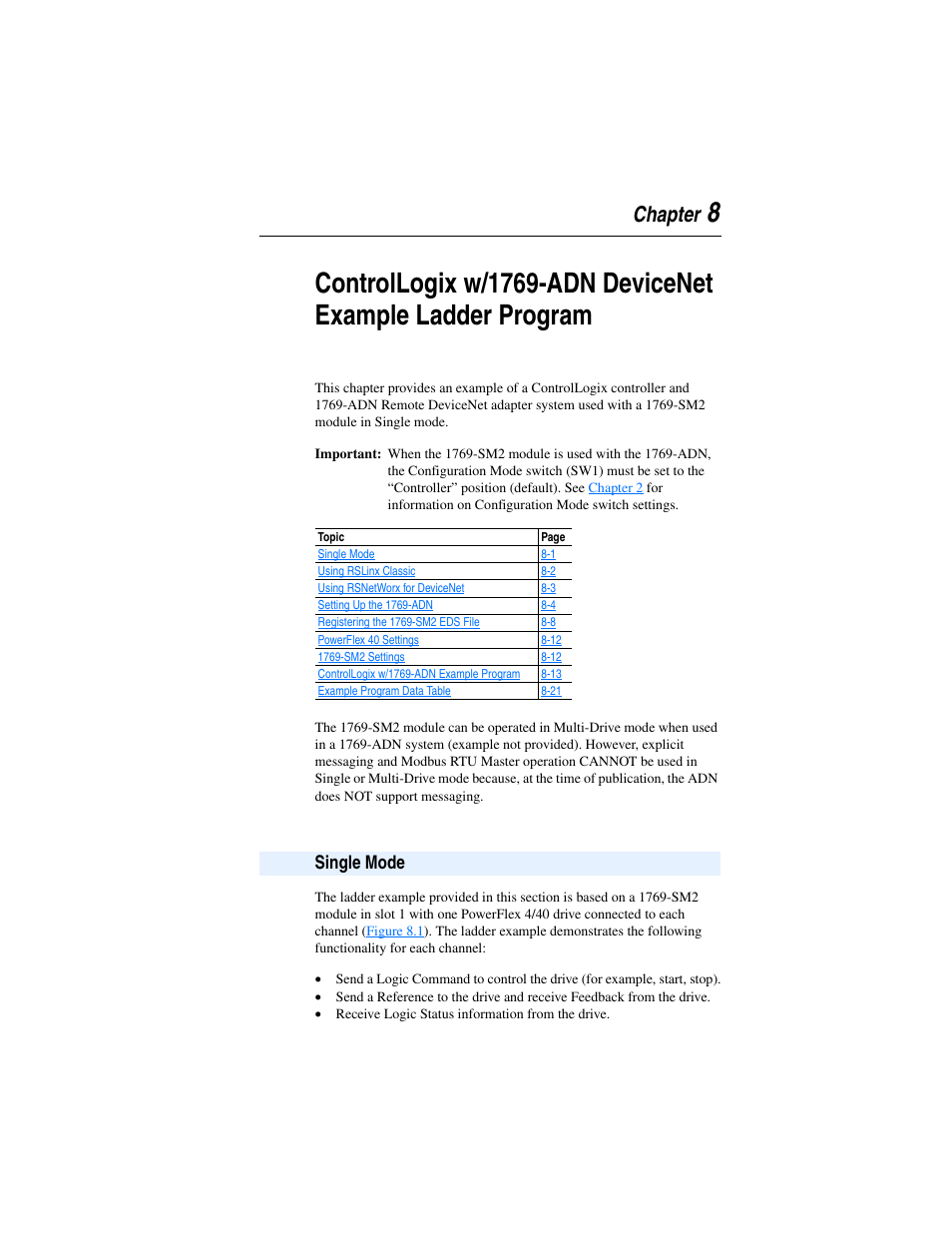 Chapter 8, Single mode, Single mode -1 | Controllogix w/1769-adn devicenet example, Ladder program | Rockwell Automation 1769-SM2 Compact I/O DSI/Modbus Communication Module User Manual | Page 131 / 204
