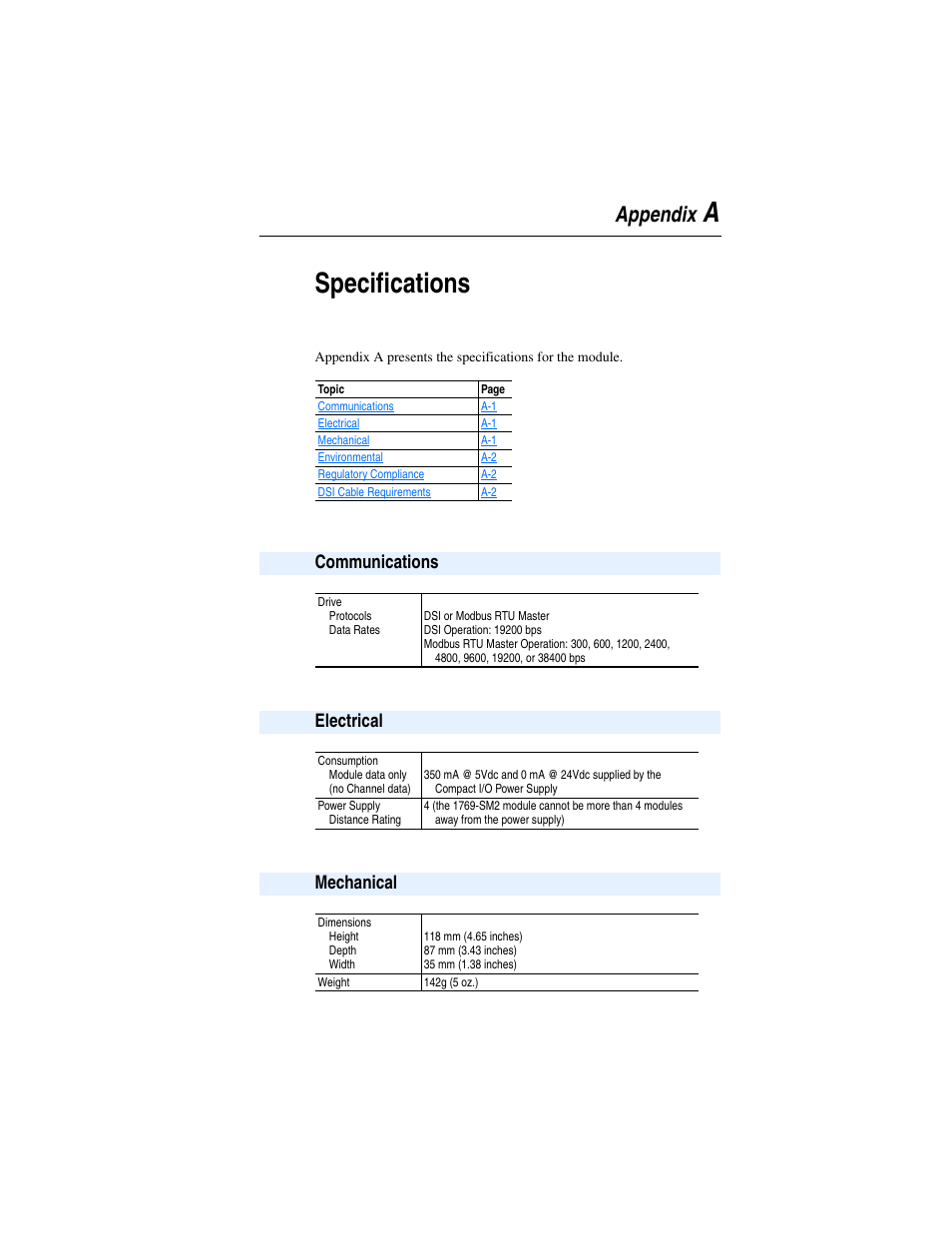 Appendix a, Specifications, Communications | Electrical, Mechanical, Aspecifications | Rockwell Automation 1769-SM2 Compact I/O DSI/Modbus Communication Module User Manual | Page 161 / 204