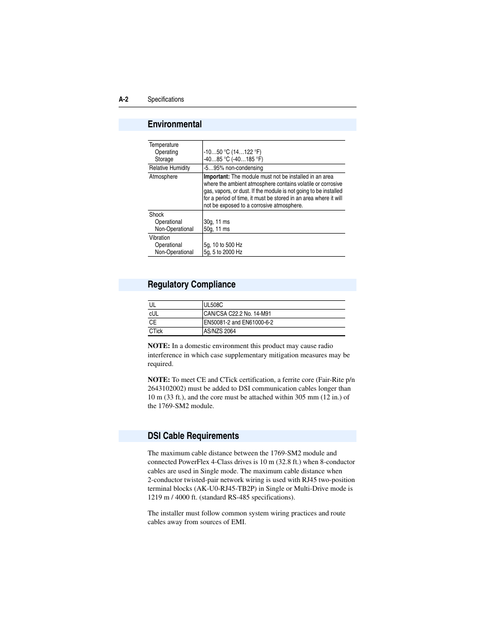 Environmental, Regulatory compliance, Dsi cable requirements | Rockwell Automation 1769-SM2 Compact I/O DSI/Modbus Communication Module User Manual | Page 162 / 204