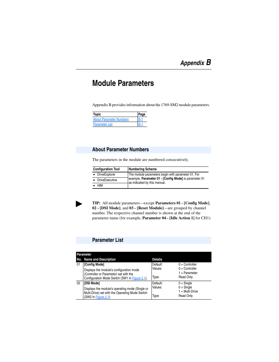 Appendix b, Module parameters, About parameter numbers | Parameter list, Bmodule parameters, Appendix | Rockwell Automation 1769-SM2 Compact I/O DSI/Modbus Communication Module User Manual | Page 163 / 204