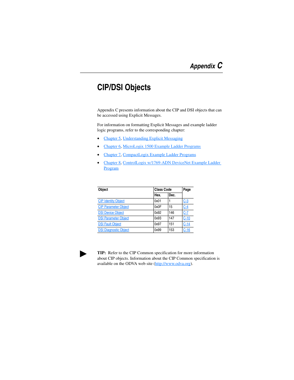 Appendix c, Cip/dsi objects, Ccip/dsi objects | Appendix | Rockwell Automation 1769-SM2 Compact I/O DSI/Modbus Communication Module User Manual | Page 171 / 204