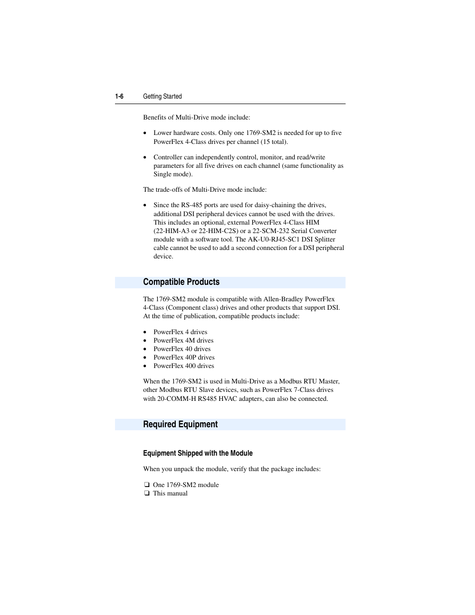 Compatible products, Required equipment, Equipment shipped with the module | Compatible products -6 required equipment -6 | Rockwell Automation 1769-SM2 Compact I/O DSI/Modbus Communication Module User Manual | Page 18 / 204