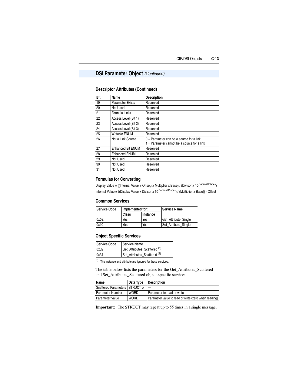 Formulas for converting, Common services, Object specific services | R to, Dsi parameter object | Rockwell Automation 1769-SM2 Compact I/O DSI/Modbus Communication Module User Manual | Page 183 / 204