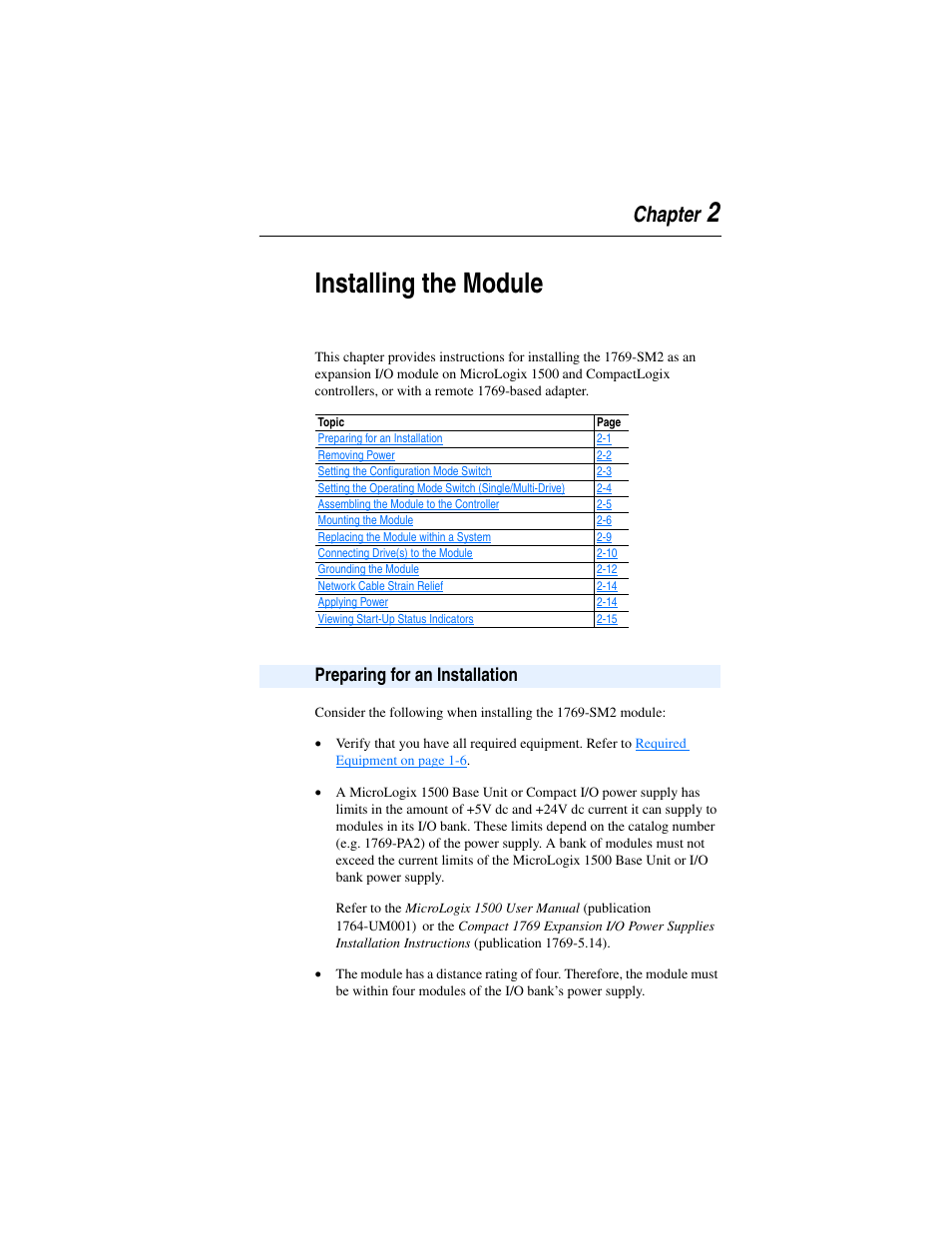 Chapter 2, Installing the module, Preparing for an installation | Preparing for an installation -1, 2installing the module | Rockwell Automation 1769-SM2 Compact I/O DSI/Modbus Communication Module User Manual | Page 23 / 204